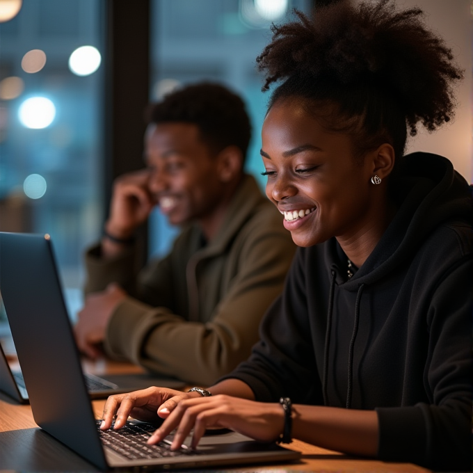 Two people are sitting at a table using laptops, appearing engaged and happy while working.