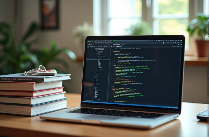 A laptop displaying code sits on a desk next to stacked books in a sunlit room with plants.