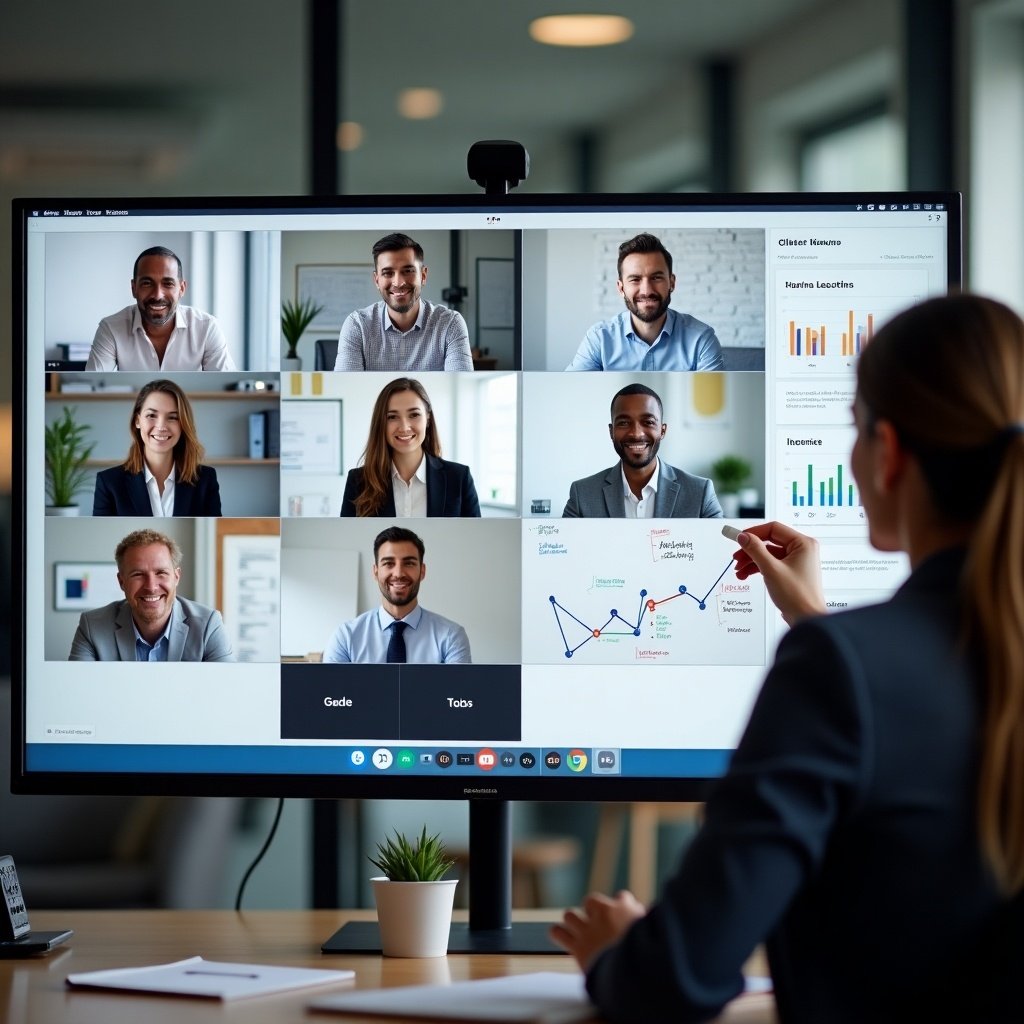 A team of professionals participates in a video call. Each individual is displayed in a grid format on a computer monitor. A consultant is smiling and gesturing towards a digital whiteboard. The whiteboard shows graphs and strategic notes.