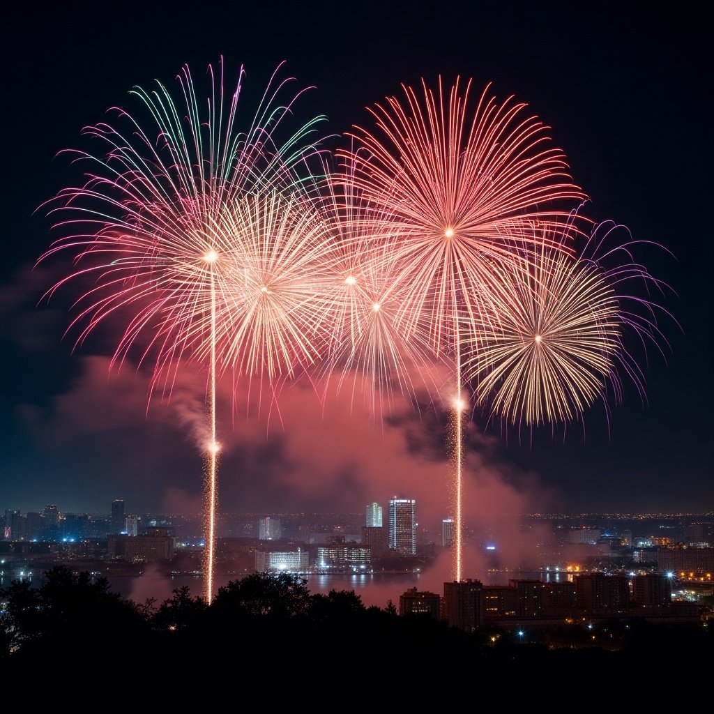 Fireworks lighting up the night sky. Colorful explosions above a city. Dramatic bursts in vibrant colors. Night scene celebrating New Year.