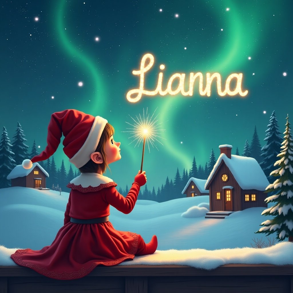 A girl elf in a red dress sits on a wooden ledge with its back to the camera gazing at a magical sky. The elf is dressed in a red outfit with a pointed hat and holds a sparkling wand elegantly writing names in the starry sky. The background features a snowy landscape with charming little houses and evergreen trees under shimmering Northern Lights. This scene captures the essence of childhood magic and Christmas cheer.