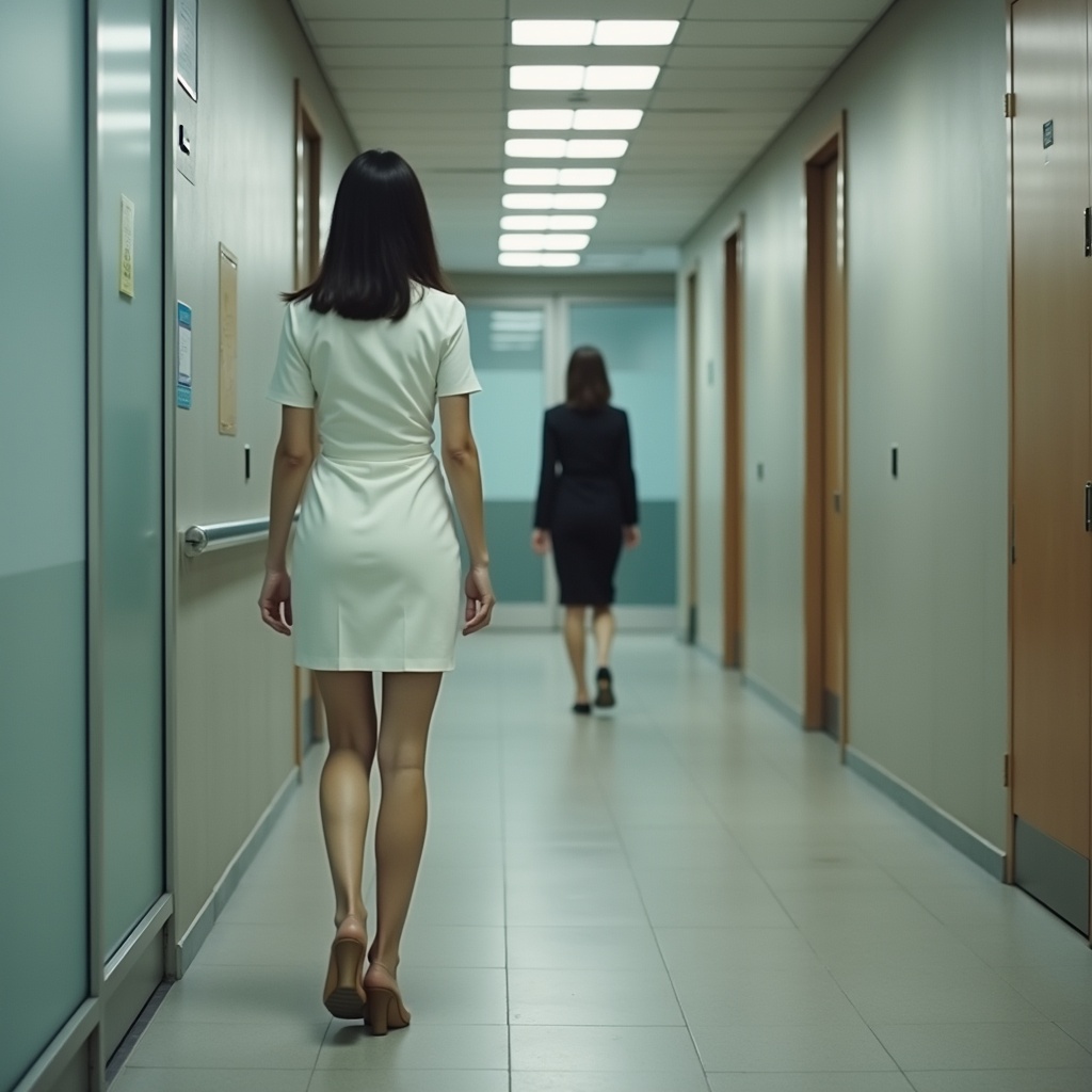 The image captures two women in a corporate setting. The first woman walks towards the viewer, wearing a short white dress and high heels. A second woman in a black dress walks away in the background. The hallway is well-lit with fluorescent lights and has an inviting yet professional atmosphere. The setting reflects a typical office environment, emphasizing workplace dynamics.