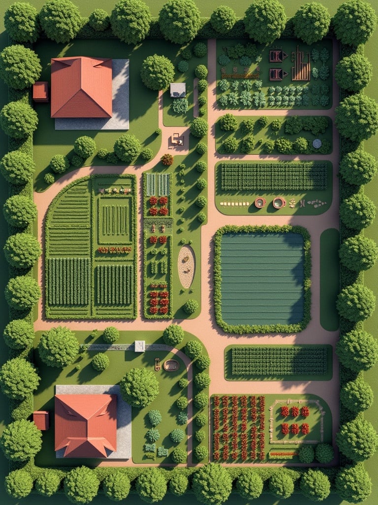 Aerial view of a detailed farm layout covering 2.5 acres. Layout features multiple sections for crops, five 8x8 meter catfish ponds, a man-made irrigation pond, a 4-bedroom luxury bungalow, offices, greenhouses for vegetables, two processing plants for herbs, and a multi-track flour mill. It includes pathways for movement and integrated organic farming elements.