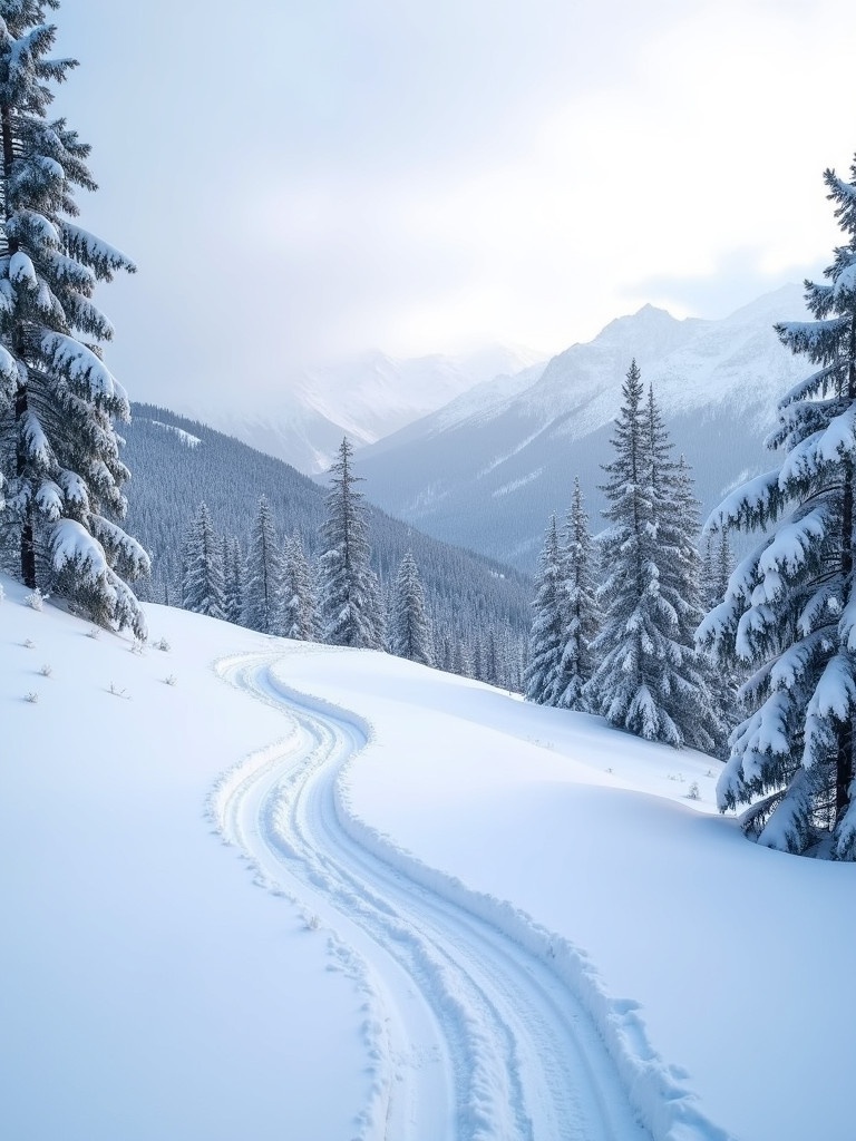 Winter landscape features snow-covered trees and distant mountains. A winding path leads through the snow. Soft overcast light casts a gentle glow. Clear tyre tracks suggest previous visitors. The view evokes peace and beauty of nature in winter.