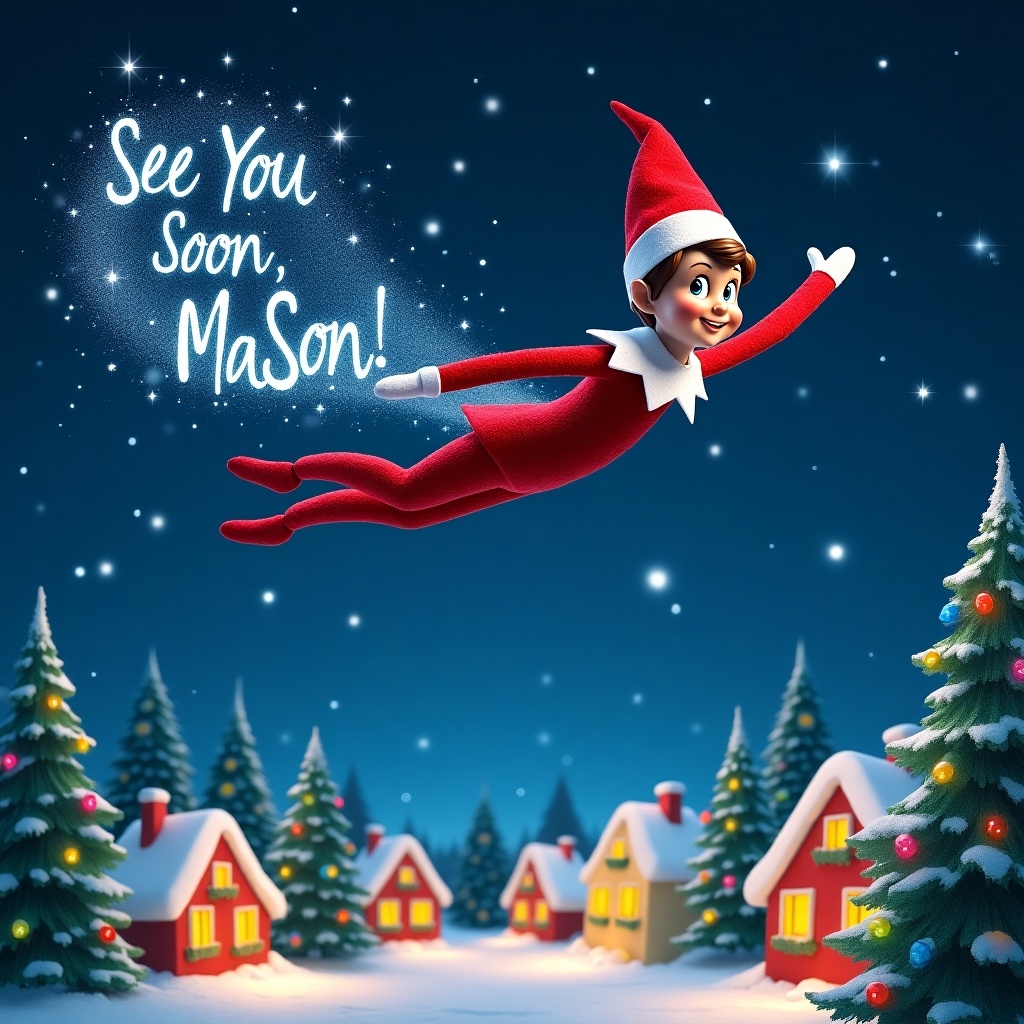 A realistic Elf on the Shelf is flying through the night sky. A trail of snow behind him writes 'See you soon, Mason!'. The elf appears cheerful and focused as he flies over a snowy village with trees and Christmas lights.