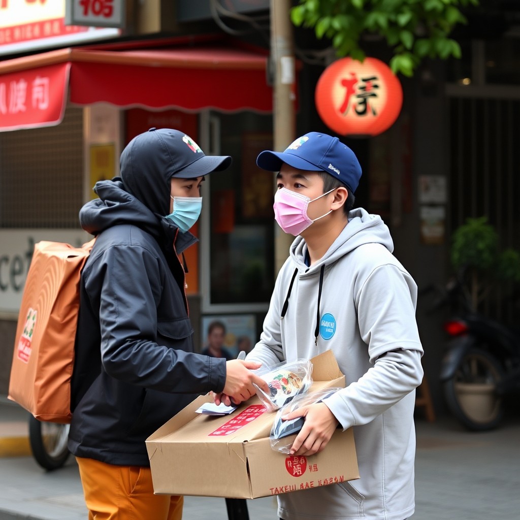 Two mask-wearing delivery workers exchange parcels on a city street.