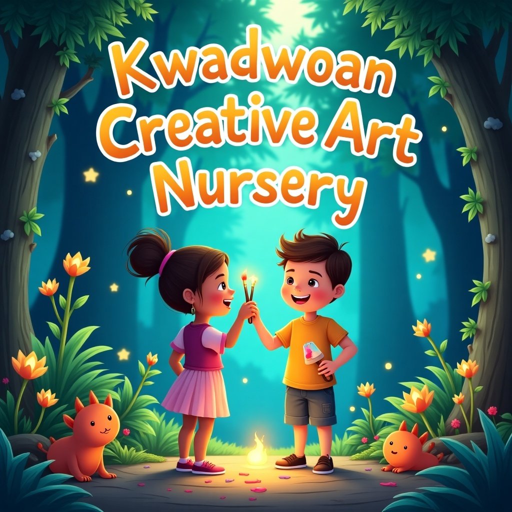 Cover design for a children's storybook. Features young girl and boy with paint brushes. Glowing plants and friendly animals in a detailed forest. Whimsical colorful title.