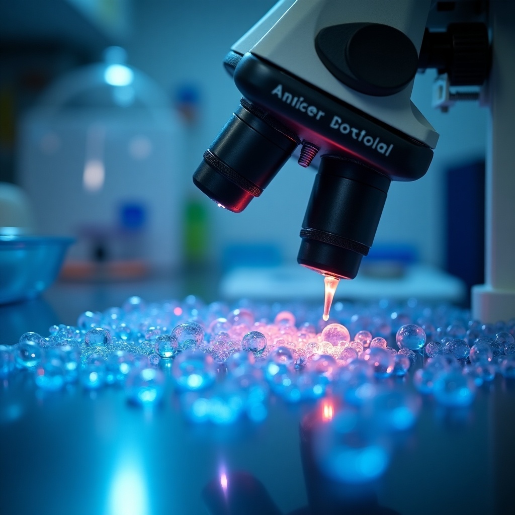 This image showcases a laboratory setting with a microscope at the center. Droplets of vibrant blue and purple are scattered across the table, illuminated by soft light. A drop is being carefully placed under the microscope, emphasizing the precision needed in scientific research. The environment conveys a sense of advanced biotechnology and innovation. This scene could reflect the use of CRISPR tools in CAR T-cell therapy, highlighting modern techniques in genetic modification for medical advances.