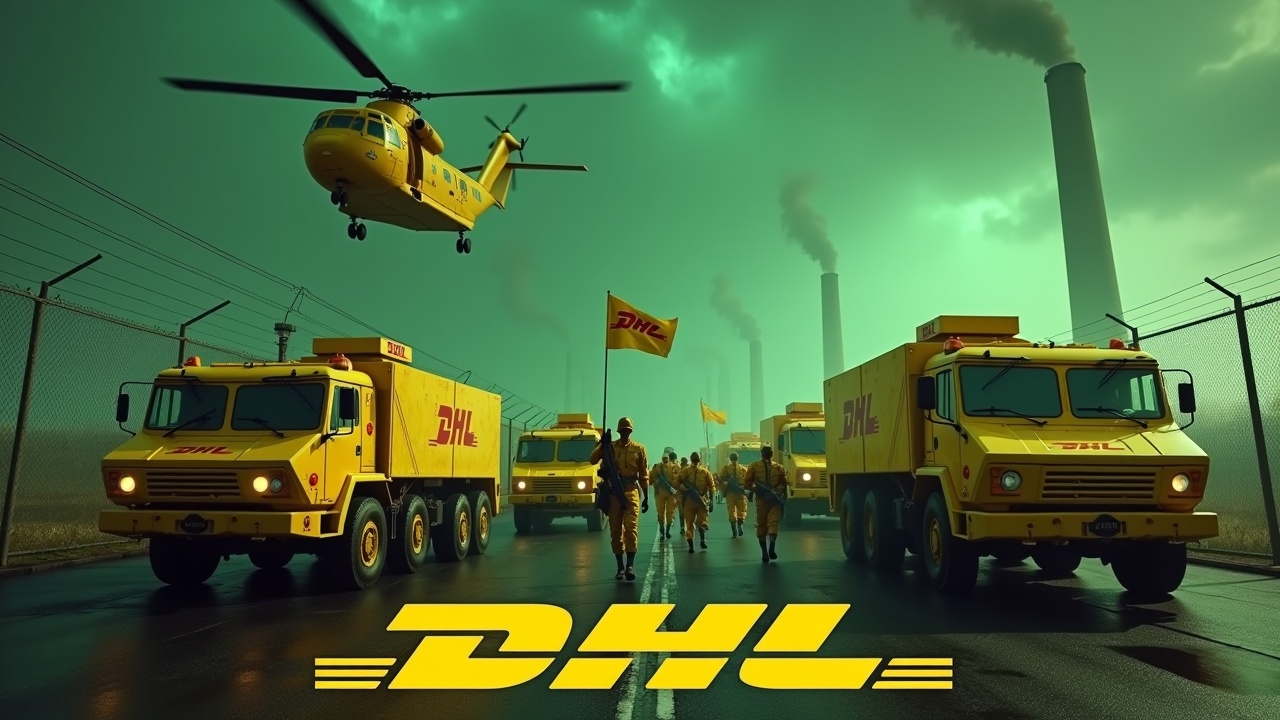 In a dramatic scene, several large yellow armoured cars drive up to a fence. The armoured cars are painted with the DHL logo. Nearby, several soldiers wearing yellow uniforms and holding rifles are seen marching together in unison. One soldier stands valiantly holding a flag with the DHL logo. In the background, we can see the smokestacks of a nuclear power plant, glowing green. The sky is illuminated by an evil green glow, and a large yellow Chinook cargo helicopter flies above, adding to the intensity of the scene. At the bottom, we see the DHL logo, displayed in bold, yellow text.