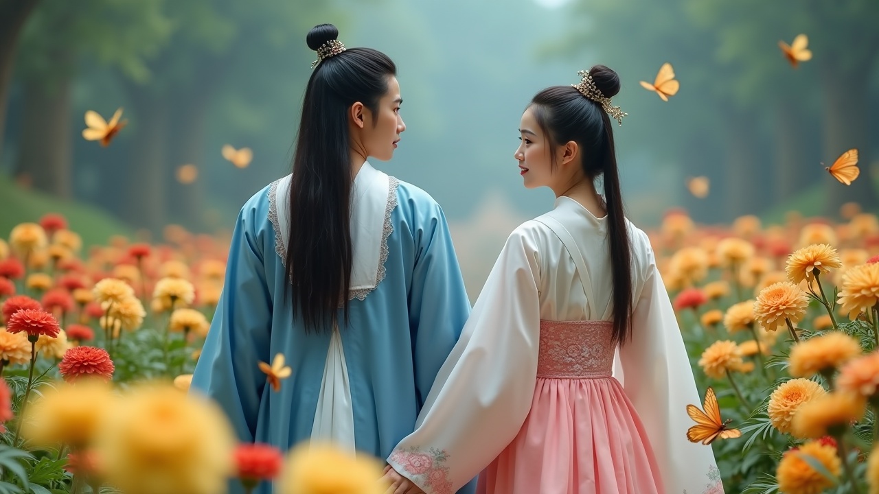 This image depicts a romantic scene between two individuals dressed in traditional East Asian attire. The couple is standing hand in hand in a vibrant flower field, surrounded by blooming flowers of various colors. Light butterflies are fluttering around them, adding a whimsical touch. The atmosphere is calm and romantic, enhanced by soft lighting. The individuals have long hair and appear to be deeply connected, sharing a moment together in nature.