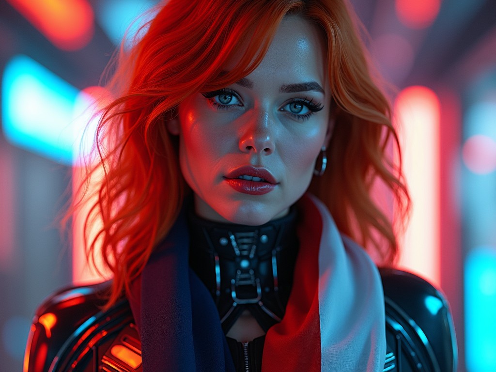 A close-up portrait of a stunning model with vibrant orange hair, styled in a sleek fashion. The model has striking blue eyes that capture attention, adorned with glamorous makeup and wearing a futuristic outfit. Neon lights in red and blue create a dynamic, colorful backdrop that enhances the modern theme. The atmosphere is vibrant and somewhat otherworldly, embodying a cyberpunk vibe. The lighting enhances the model's features, set against a visually stimulating environment of glowing colors.