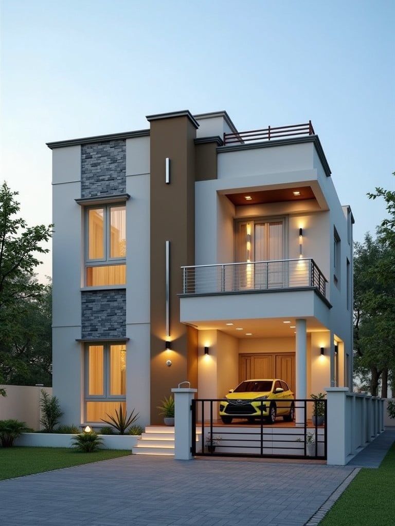 A modern two-story house design. House has two bedrooms, a hall, and a kitchen. Contains two parking spaces for cars. Budget is 25 lakhs. The structure is Vastu compliant. The land is 50 feet long and 25 feet wide. The house has a contemporary facade with large windows, gray and white exterior, and a yellow car parked in front.