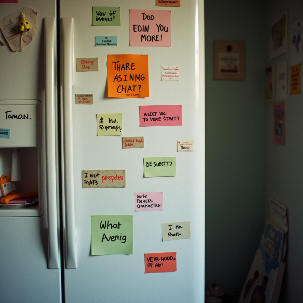 This image shows a refrigerator door covered with colorful post-it notes. Each note contains fragmented phrases or playful, seemingly random text arrangements, written in different colors. The notes vary in size, and the colors include bright oranges, greens, yellows, pinks, and blues. The overall impression is one of whimsy and creativity, as if the notes are part of an abstract, collaborative art project or a playful family communication method. Some notes are partially obscured by shadows or the angle of the shot, adding to the casual, lived-in feel of the kitchen scene.