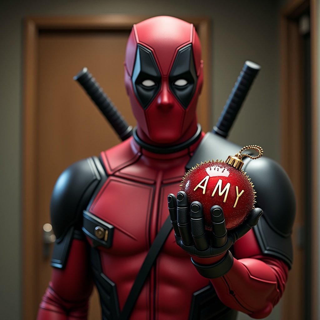 Deadpool holds a bauble with the name Amy. Character wears a red and black suit with weapons.