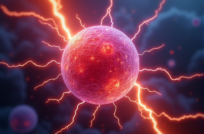 A brightly glowing sphere emanates lightning-like energy against a dark background.