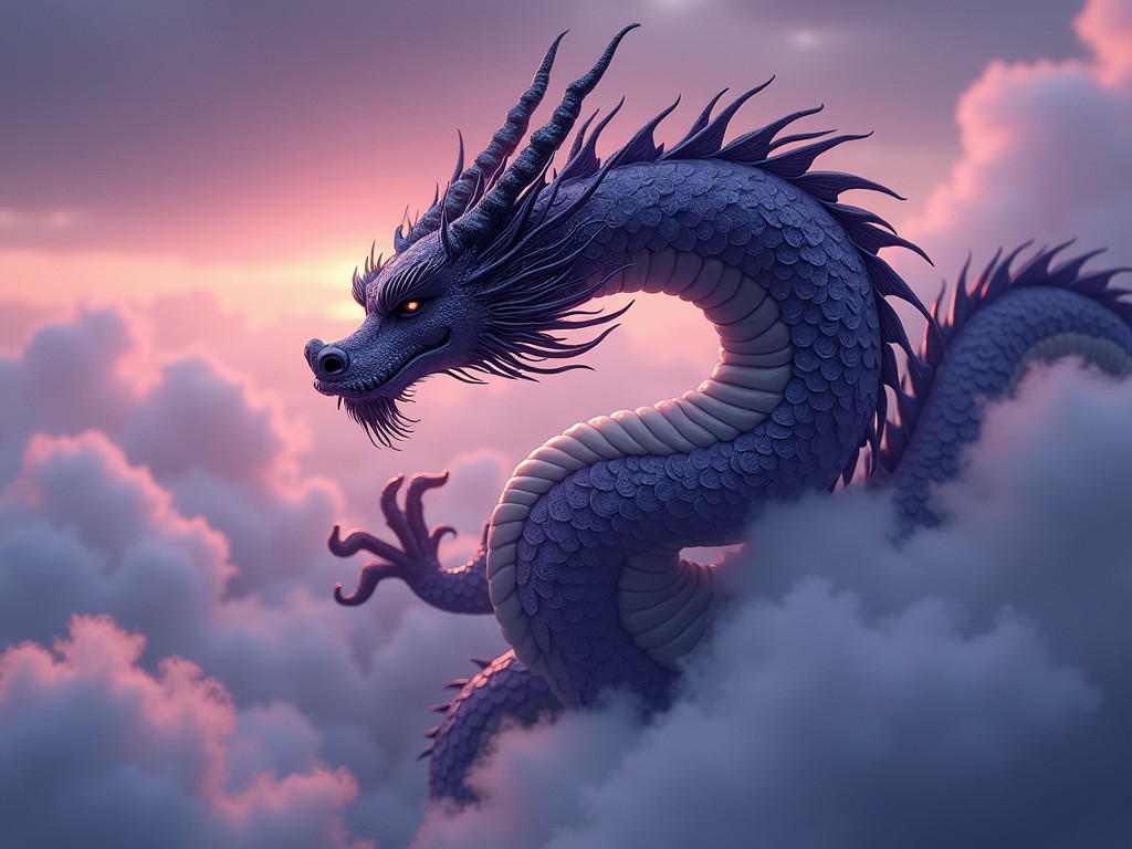 A majestic dark purple Chinese long dragon is gracefully coiling through fluffy clouds. The dragon features intricate scales and sharp claws, exuding a mystical aura. Its piercing eyes glow with a captivating light, conveying both power and wisdom. The background displays a stunning sunset, casting a warm glow over the scene. The atmosphere is enchanting, evoking a sense of wonder and fantasy.