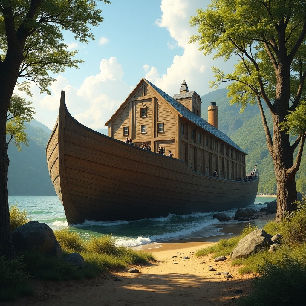 Noah's Ark is on dry ground. The ark is surrounded by trees and wildlife. The scene is peaceful and natural.