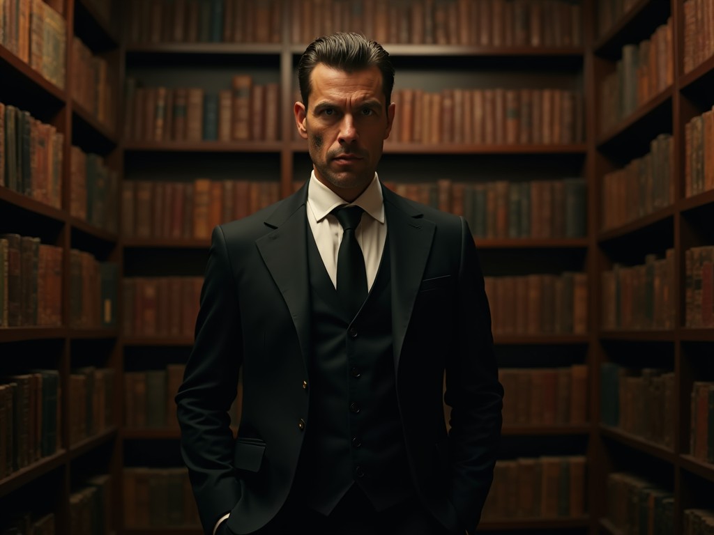 A man stands confidently in a dimly lit library filled with old books. He wears a sleek black suit with a waistcoat and has a sharp tie. His expression is serious, with intense eyes that seem to pierce through the shadows. A noticeable scar runs down the side of his face, adding to his mysterious appearance. The backdrop features dark wooden shelves lined with books, enhancing the atmosphere of intrigue. Soft warm light illuminates the scene, contrasting with the man's strong posture. Overall, it conveys a sense of power and secrecy.