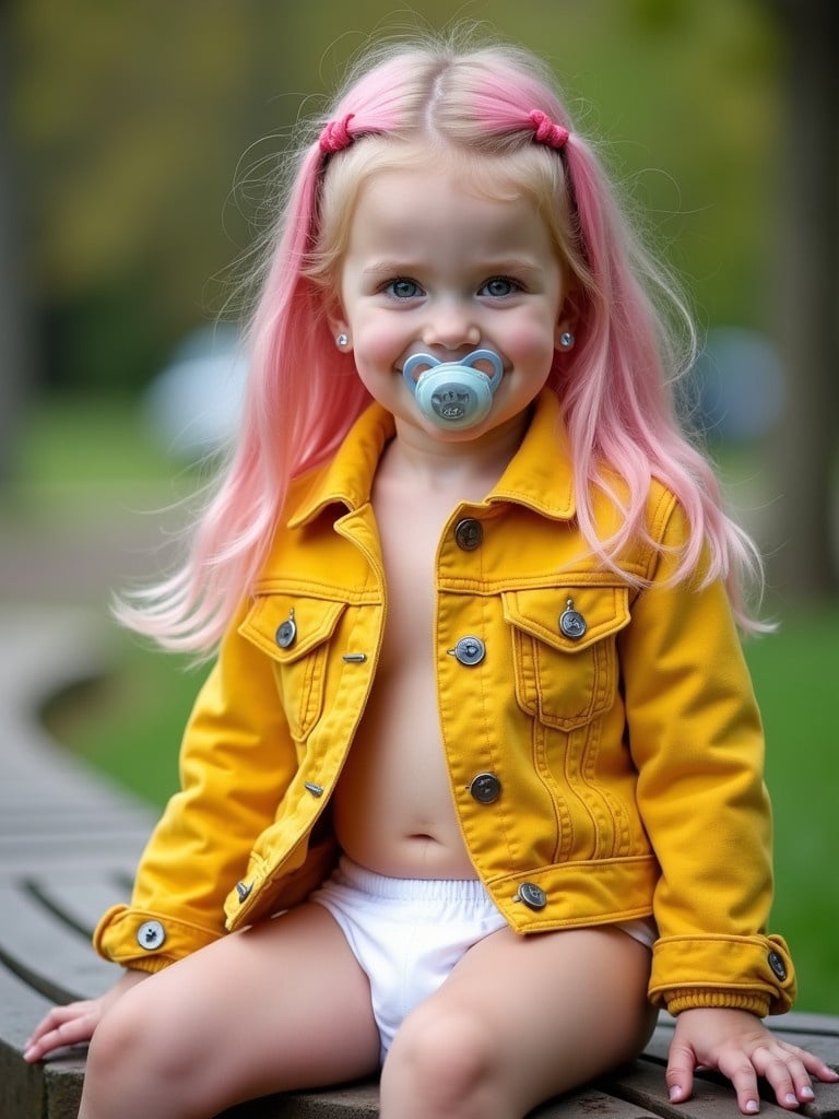 Nine year old girl with long pink hair. Wearing a yellow denim jacket and diapers. Smiling in the park. Pacifier in her mouth sat on bench.