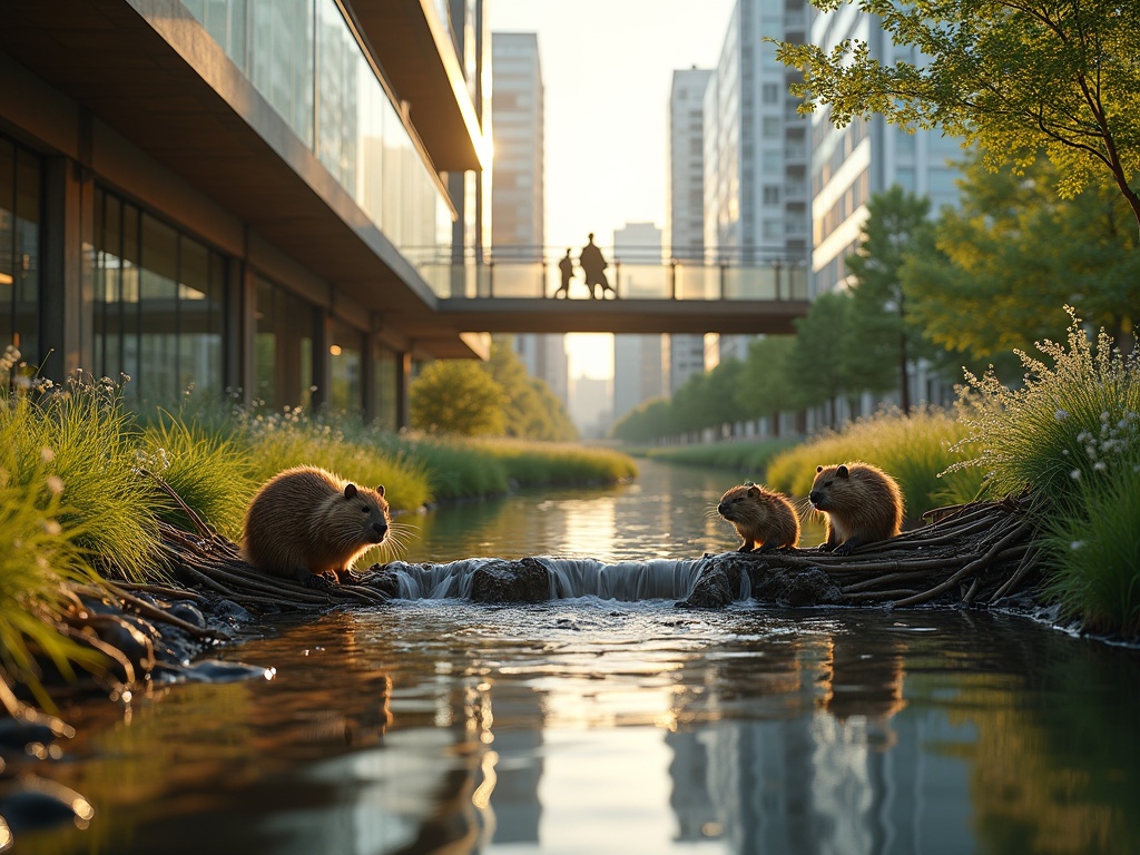 Urban creek flows through modern cityscape. Contemporary staircase extends into water inviting observation. Beaver family builds a dam with twigs. Baby beavers playfully assist parents. Warm light reflects off buildings and greenery. High detail ultra-realistic textures.