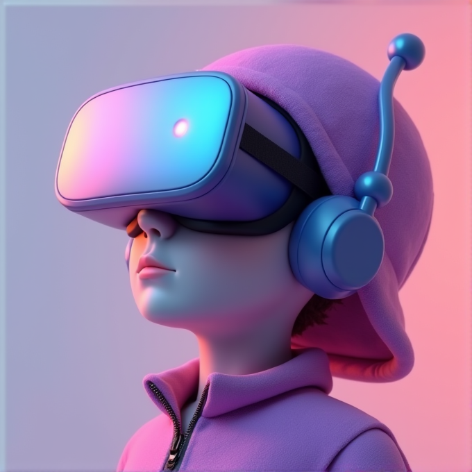 A stylized person wearing a sleek, modern VR headset with large headphones and a futuristic helmet against a gradient pink and blue background.