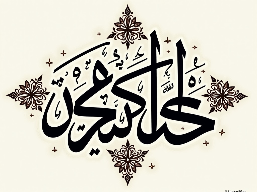 The image features intricate Arabic calligraphy showcasing the word 'توحید.' It is designed in a decorative style that combines ornate patterns with religious significance. The black calligraphy contrasts beautifully against the beige background, enhancing its visual appeal. Surrounding the calligraphy are elegant floral motifs that add depth and richness to the design. This piece serves as a perfect decorative element for various printed materials, celebrating Islamic art and culture.