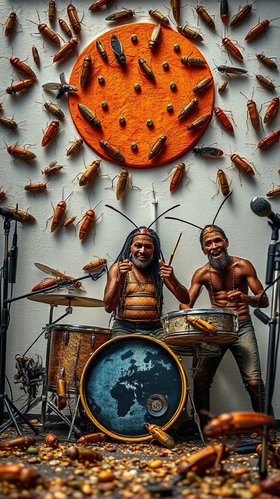 In this whimsical and surreal image, two drummers are creatively adorned with insect-like features, interacting with a backdrop teeming with oversized cockroaches. The drum set, located in the foreground, boasts a globe-like pattern on the bass drum, adding an intriguingly global dimension. The room is filled with a vibrant, almost chaotic energy due to the dynamic arrangement of the cockroaches on the wall, which forms an explicit radial pattern centered around a bright orange disc.