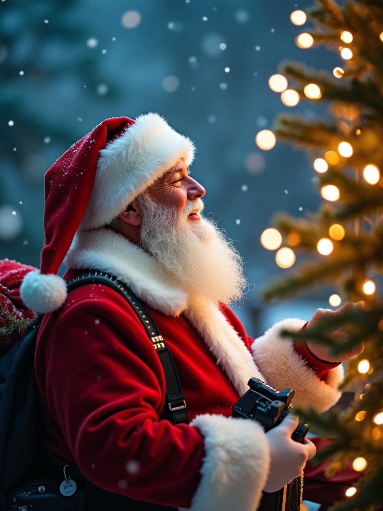 Santa Claus joyfully prepares for Christmas. Santa looks at the sky. The name VIVIDRA glows. Brightly wrapped camera items surround Santa. A soft background with gentle snowfall creates a festive atmosphere.