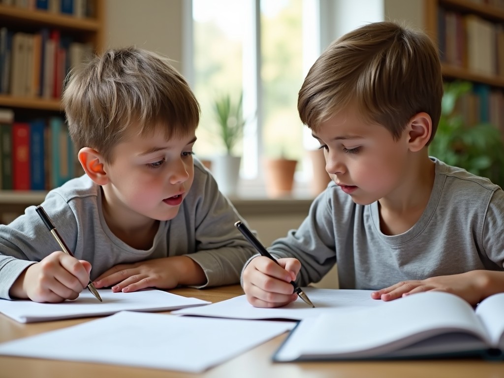 Two young boys are intently working on their writing at a table in a well-lit room. They are surrounded by bookshelves filled with books, and the window in the background allows natural light to illuminate the scene. Both boys are wearing casual grey shirts and are focused on the papers in front of them.