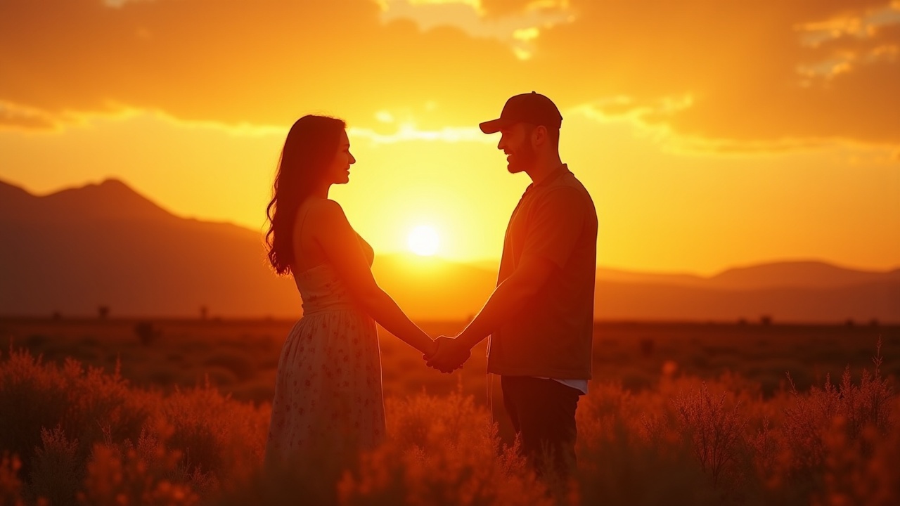 A romantic scene of a couple holding hands at sunset in a field with mountains in the background.