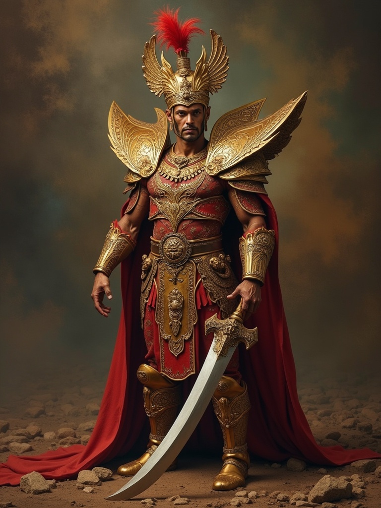 A majestic warrior stands proudly. The figure wears an ornate golden armor with intricate designs. A striking feathered headdress adorns the head. A flowing red cape drapes over the shoulders. The warrior holds a large, decorative sword. The backdrop features a soft-focus, cloud-like texture, enhancing the mystical atmosphere.