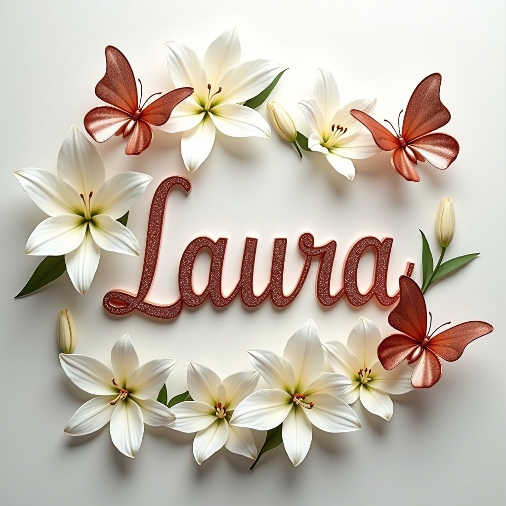 Rose gold butterflies and white lilies surround the name Laura. The name is large, beautiful, and glowing with a metallic effect. There are dew drops on the flowers.