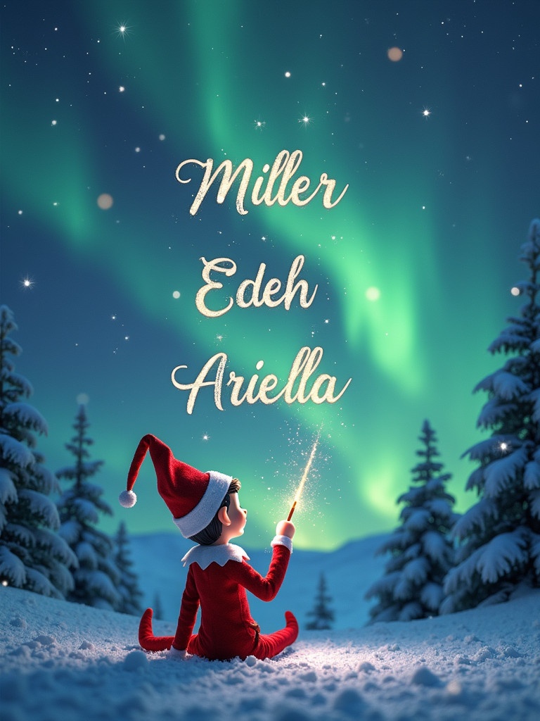 The image shows an elf on the shelf facing northern lights. The elf uses a wand to write names in the sky. The background features evergreen trees and snowy ground. Above the elf, the names 'Miller', 'and', 'Eden' appear in sparkling light. The elf elegantly writes 'Ariella' in light against vibrant colors.