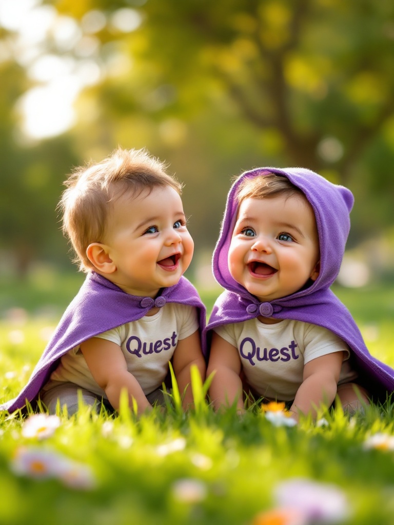 Two happy babies are playing on the grass. Both babies wear purple capes. One baby wears a shirt with the word Quest embroidered. Vibrant green grass and gorgeous trees provide a playful and carefree backdrop.