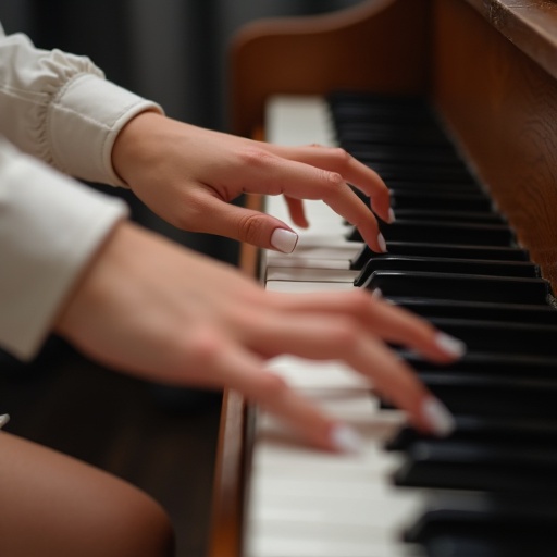 Image shows hands of a young woman playing piano. White nail polish on fingers. Close-up of hands over piano keys. Wooden piano in a cozy setting.