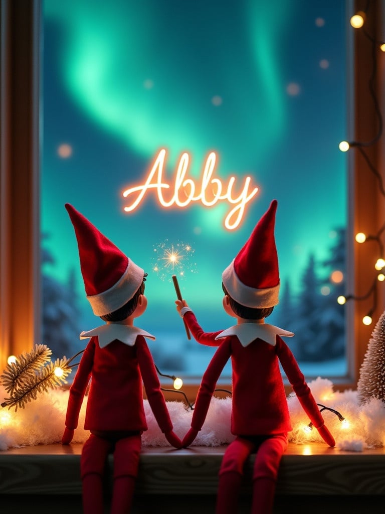 Enchanting Christmas scene features two elves on the shelf. They face the sky with backs to the viewer. One elf is dressed in red and white. The elf wields a magic wand. He writes Abby in glowing script above him. The backdrop is vibrant northern lights. Soft lights surround the scene. This evokes the spirit of Christmas. The elves' position creates a sense of wonder and excitement.