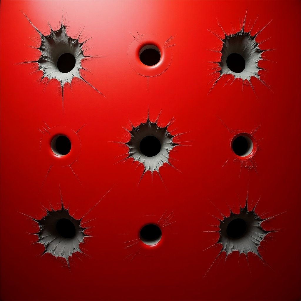 Realistic photo of multiple bullet holes on shiny red metal. The red color is missing around the holes revealing grey steel underneath. The bullet holes create a damaged pattern. Light shines through the holes producing shades and light smoke effects.