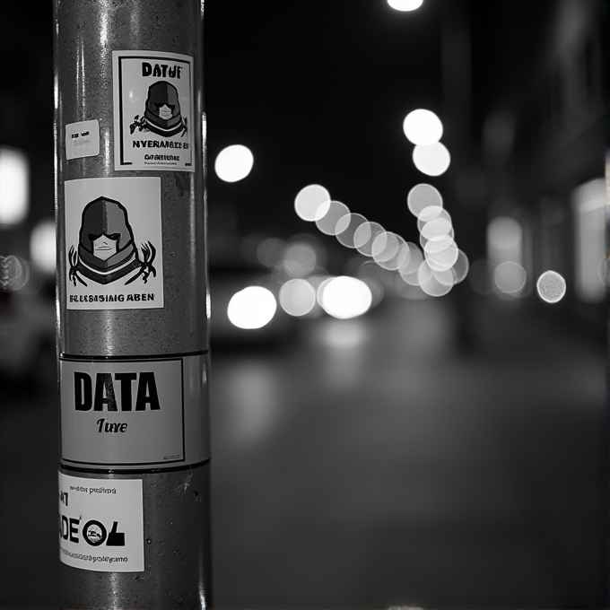 A pole with various stickers is in focus, while the background features blurred city lights at night.