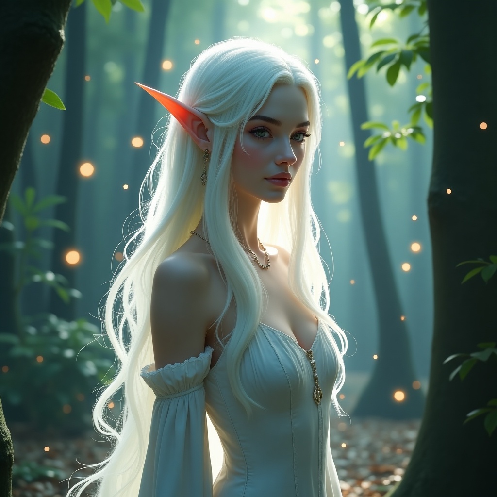 Beautiful female elf with long white hair in a forest setting. Ethereal lighting, soft facial features, and enchanting atmosphere created by glowing orbs around.