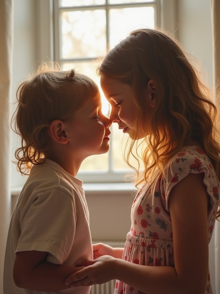 Two children share a close moment in a warmly lit interior. The focus is on their faces as they engage intimately. The background is softly blurred. The lighting creates a gentle glow around them. Their clothing is casual and brightly colored. Hair is slightly tousled showing natural playfulness.