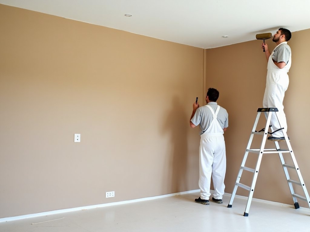 Two workers are painting the interior of a room, wearing white overalls. One worker is using a paint roller to apply paint on a large wall, while the other is standing on a ladder for higher reach. A light brown or beige color seems to be the choice for the walls. The room has a light, clean ambiance with a white ceiling and bright lighting. The floor appears to have been recently redone or protected during the painting process.