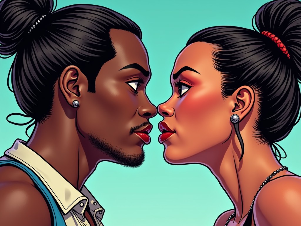 This digital illustration depicts a man and woman facing each other with their noses nearly touching, set against a vibrant turquoise background. Both have their hair tied up in buns, and the artwork highlights their smooth skin and striking features, including prominent lips and expressive eyes. The illustration carries a cartoon-like style with a sharp and polished finish, giving it an engaging and dynamic look.