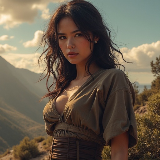 A woman in a casual outfit stands outdoors against a scenic backdrop. The sunlight casts a warm glow creating a natural atmosphere highlighting the beauty of the surroundings.