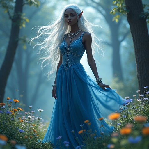 A beautiful dark elf woman stands in a magical forest. She wears a flowing blue dress. Her long white hair catches the breeze. Sparkling jewelry adorns her. Surrounding trees emit mystical light. Colorful flowers bloom at her feet. The scene feels enchanting and whimsical.