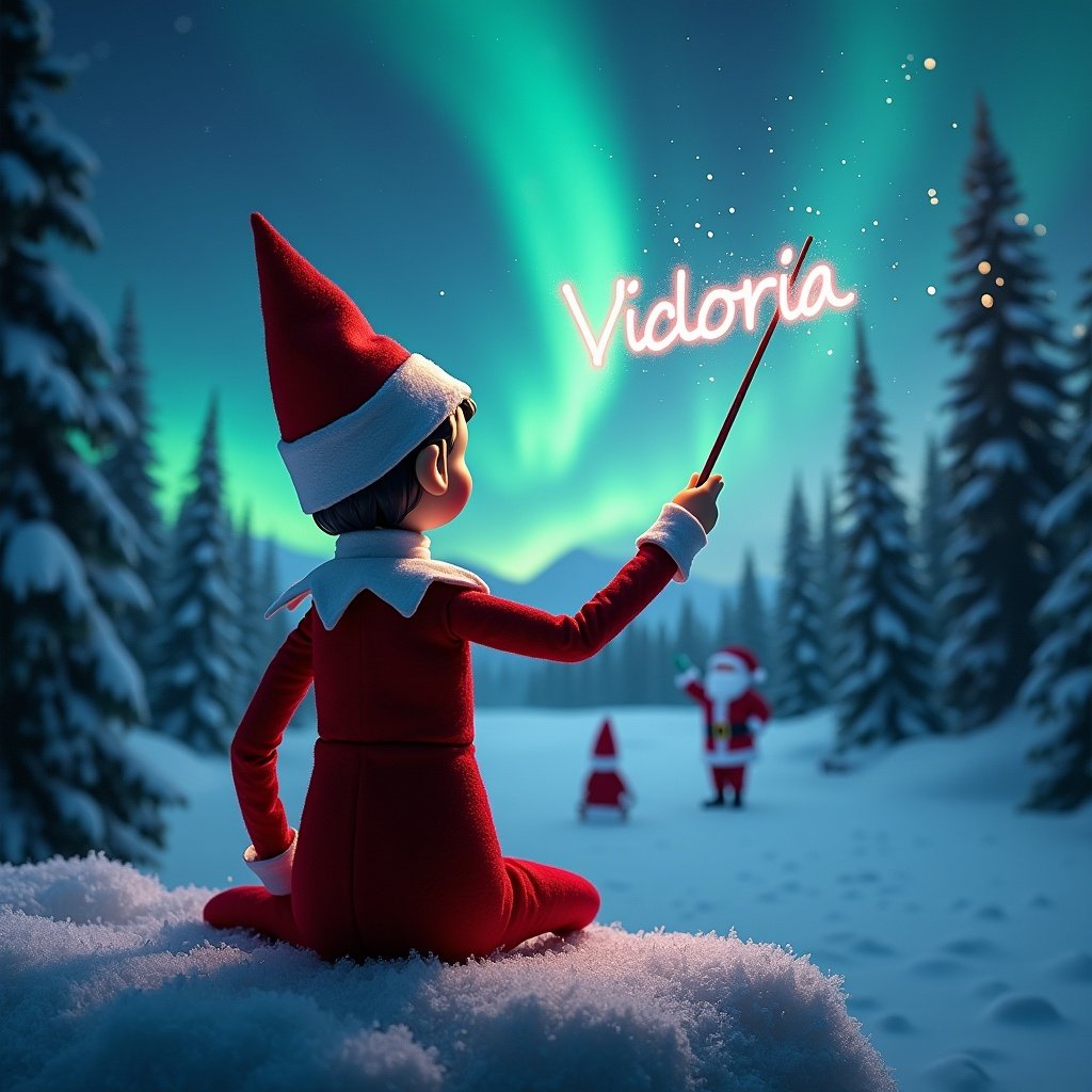 An elf on the shelf is facing a winter landscape, with his back to the viewer. He uses a magic wand to write 'Victoria' in the sky. The backdrop features stunning northern lights lighting up the night. Santa Claus can be seen in the distance amongst snow-covered trees. This image embodies the essence of Christmas magic, inviting viewers into a playful holiday atmosphere.