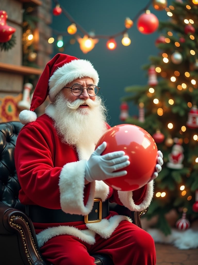 Santa Claus enjoys a playful moment with a giant Amiga Boing Ball. The scene features holiday themes and festive decorations. The background includes Christmas trees and twinkling lights, creating a joyful atmosphere. Santa presents the bright red ball, inviting laughter and warmth.