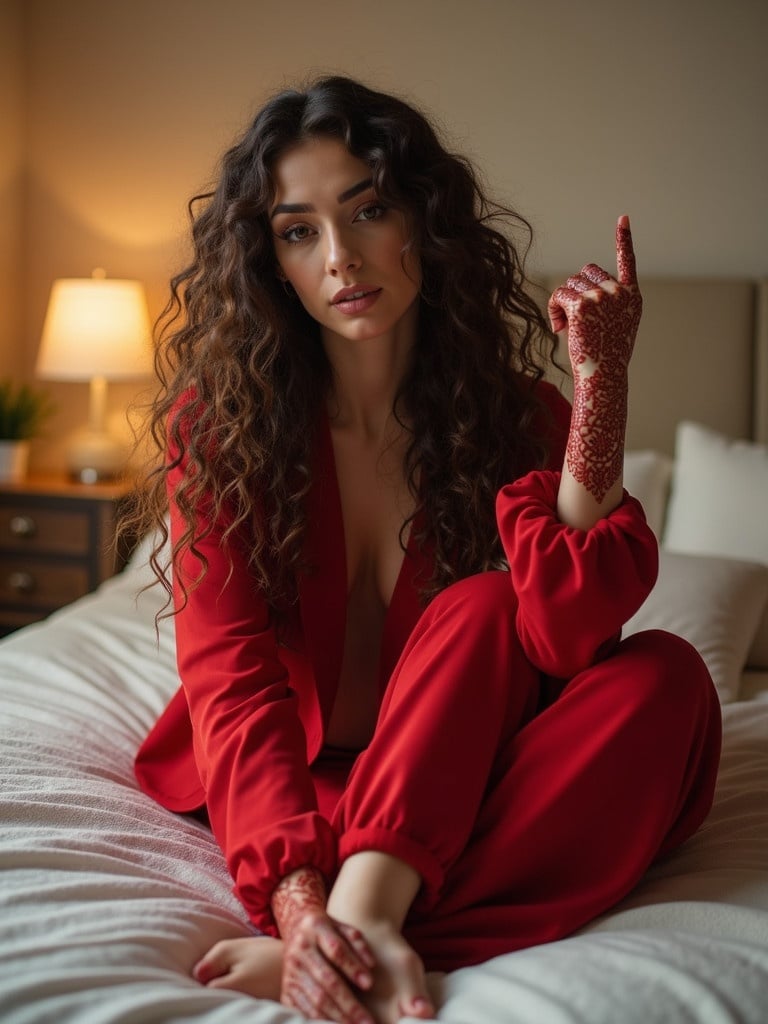 A woman poses gracefully on a bed in a red outfit. Long curly hair frames her figure. Henna designs adorn her hand and foot. Soft natural light filters into the room. The setting is intimate and serene, showcasing elegance and confidence.