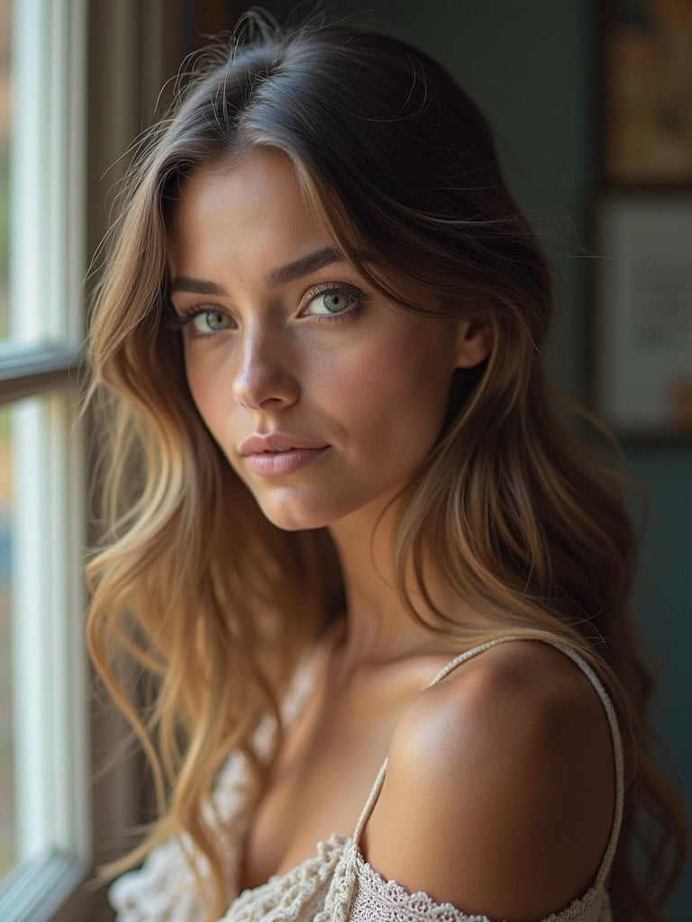 Elegant portrait of a woman with soft wavy hair. Natural light illuminates her shoulder and neck. A cozy indoor setting enhances the atmosphere.