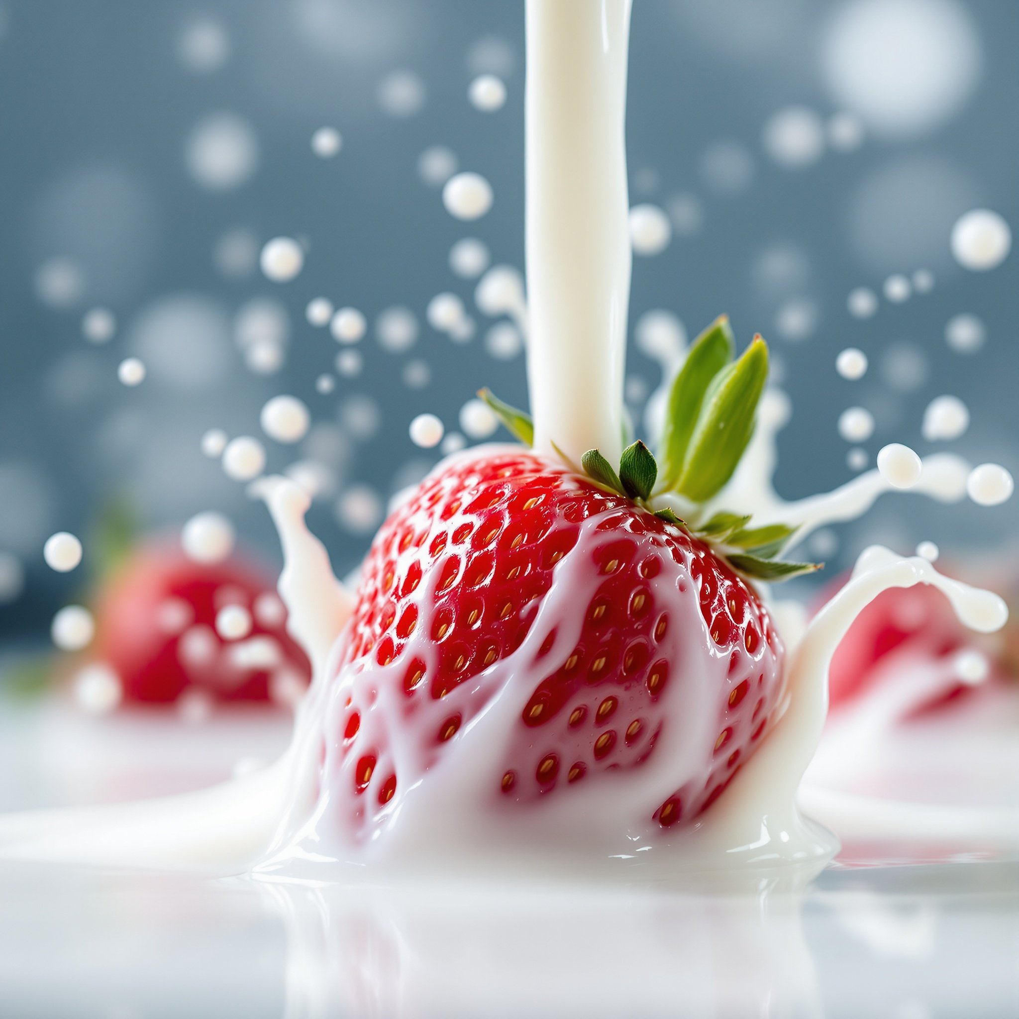 Professional food photography depicting a red strawberry splashing in milk. Strawberry is partly dipped in liquid. Milk is captured in mid-air with droplets and splashes around. Blurred background with lights enhances visual appeal. Captivating high-speed photography showcasing intricate details of splash and strawberry texture.