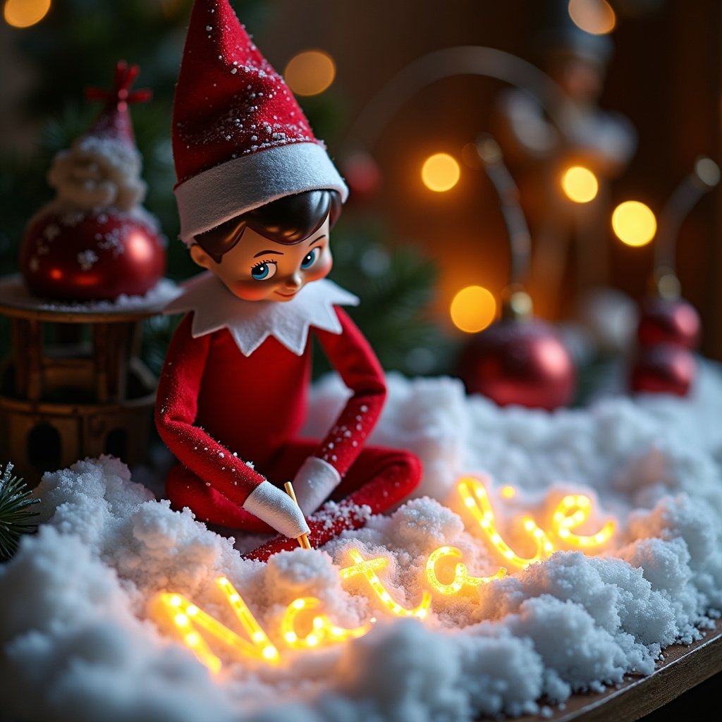 Elf on the shelf is writing in the snow. Name Natalie is written in cursive by lights. Soft snowfall surrounds the scene.